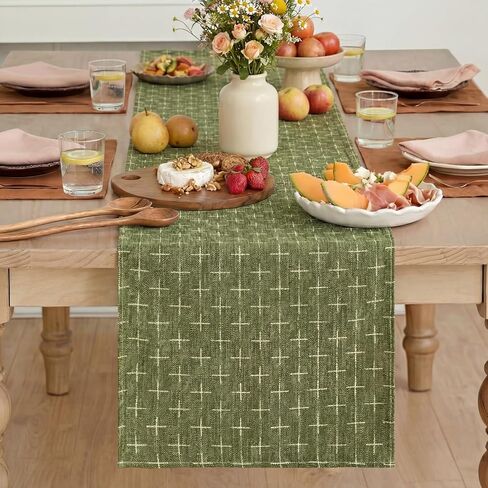 Artoid Mode Olive Green Cross-Star Textured Table Runner, Seasonal Waterproof Rustic Kitchen Dining Table Decoration for Home Party Decor 13x72 Inch in Kuwait