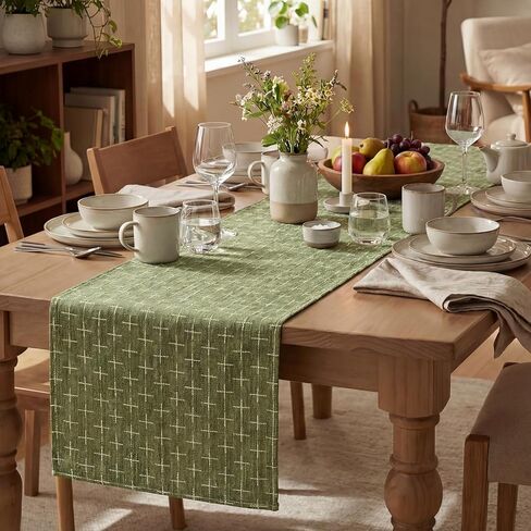 Artoid Mode Olive Green Cross-Star Textured Table Runner, Seasonal Waterproof Rustic Kitchen Dining Table Decoration for Home Party Decor 13x72 Inch in Kuwait