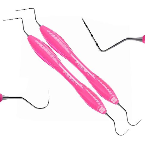 طقم مسبار اللثة للأسنان مكون من قطعتين - UNC15/23 & Explorer - مقبض سيليكون وردي، علامات 1-15 مم - أدوات طبيب الأسنان وأخصائي الصحة - معتمدة من CE in Kuwait