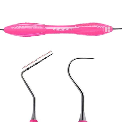 طقم مسبار اللثة للأسنان مكون من قطعتين - UNC15/23 & Explorer - مقبض سيليكون وردي، علامات 1-15 مم - أدوات طبيب الأسنان وأخصائي الصحة - معتمدة من CE in Kuwait