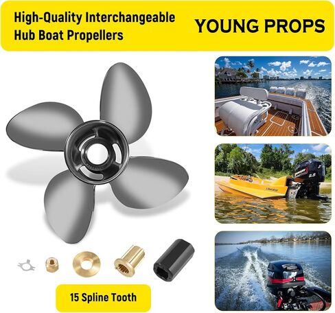 الدعائم الشبابية 13 × 17 مروحة قارب خارجية من الفولاذ المقاوم للصدأ لمحركات الزئبق 40 50 70 75 80 90 100 115 125 140HP 13 × 17 مجموعة محور الدعامة متضمنة 15 سنًا RH in Kuwait