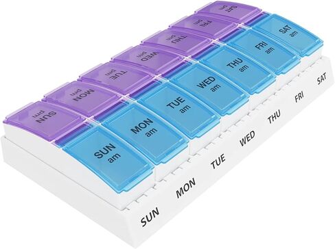 منظم حبوب الدواء أسبوعيًا صباحًا ومساءً - مخطط طبي لمدة 7 أيام مع مقصورات يومية كبيرة منبثقة، علبة حبوب دواء سهلة الفتح مرتين في اليوم للسفر تحتوي على فيتامينات ومكملات غذائية كبيرة الحجم، باللونين الأسود والأبيض in Kuwait