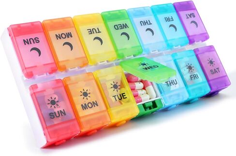 Weekly Pill Organizer, 7 Day Medicine Box with Push Button Design, BPA Free Travel Pill Box Case with Spring Open Design and Large Capacity for Vitamins and Supplements, Rainbow Colors in Saudi Arabia