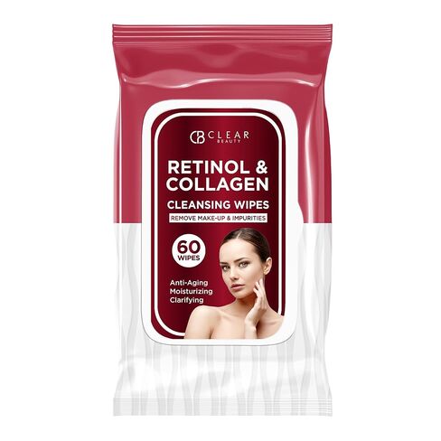 Clear Beauty Cleansing Face Wipes with Retinol & Collagen - Dermatologist Tested, Anti Aging Korean Skin Care - Makeup Remover, Smooths Fine Lines, Hydrates For Glowing Skin - Clean Beauty - 60 Count in Kuwait