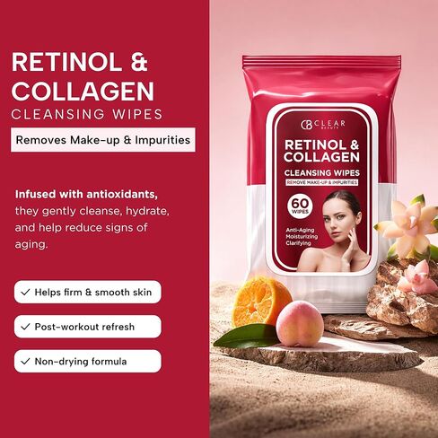 Clear Beauty Cleansing Face Wipes with Retinol & Collagen - Dermatologist Tested, Anti Aging Korean Skin Care - Makeup Remover, Smooths Fine Lines, Hydrates For Glowing Skin - Clean Beauty - 60 Count in Kuwait