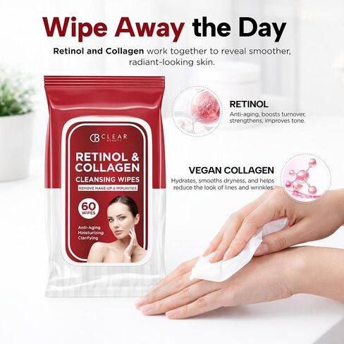 Clear Beauty Cleansing Face Wipes with Retinol & Collagen - Dermatologist Tested, Anti Aging Korean Skin Care - Makeup Remover, Smooths Fine Lines, Hydrates For Glowing Skin - Clean Beauty - 60 Count in Kuwait