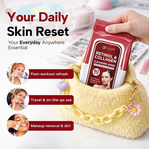Clear Beauty Cleansing Face Wipes with Retinol & Collagen - Dermatologist Tested, Anti Aging Korean Skin Care - Makeup Remover, Smooths Fine Lines, Hydrates For Glowing Skin - Clean Beauty - 60 Count in Kuwait