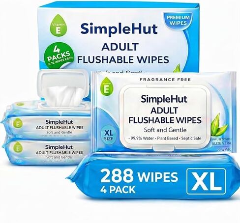Flushable Butt Wipes for Adults & Kids, 288 Count (4 Pack of 72) — Extra Large, Hypoallergenic, Soft & Thick, Septic & Sewer Safe, Fragrance Free, Daily Bathroom Essential in Kuwait