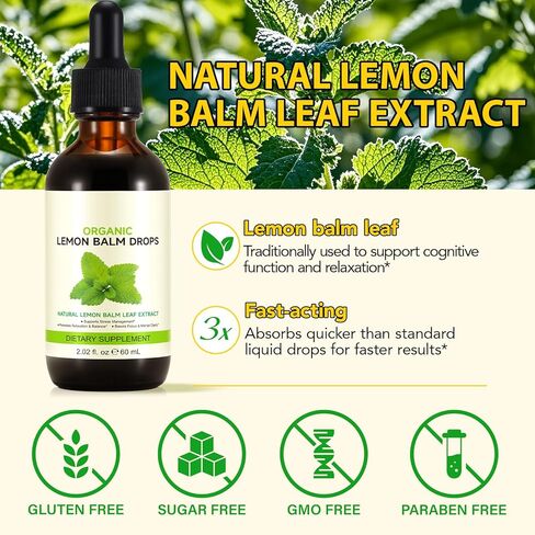 قطرات بلسم الليمون العضوي - 120 حصة من المكملات العشبية مع مستخلص أوراق بلسم الليمون الطبيعي للهضم والاسترخاء ويدعم النوم الصحي، غير معدل وراثيًا، وخالي من الكحول - 2 أونصة سائلة in Kuwait