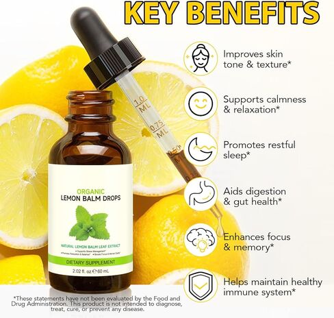 قطرات بلسم الليمون العضوي - 120 حصة من المكملات العشبية مع مستخلص أوراق بلسم الليمون الطبيعي للهضم والاسترخاء ويدعم النوم الصحي، غير معدل وراثيًا، وخالي من الكحول - 2 أونصة سائلة in Kuwait