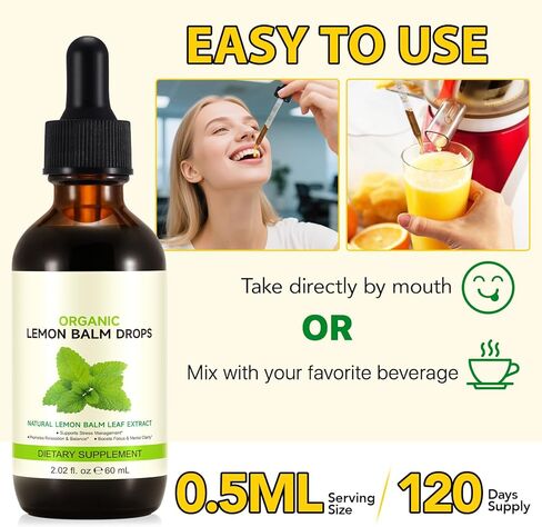 قطرات بلسم الليمون العضوي - 120 حصة من المكملات العشبية مع مستخلص أوراق بلسم الليمون الطبيعي للهضم والاسترخاء ويدعم النوم الصحي، غير معدل وراثيًا، وخالي من الكحول - 2 أونصة سائلة in Kuwait
