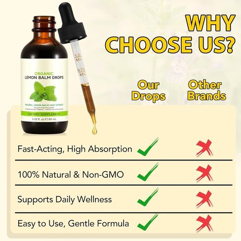 قطرات بلسم الليمون العضوي - 120 حصة من المكملات العشبية مع مستخلص أوراق بلسم الليمون الطبيعي للهضم والاسترخاء ويدعم النوم الصحي، غير معدل وراثيًا، وخالي من الكحول - 2 أونصة سائلة in Kuwait