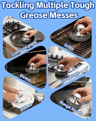 Stainless Steel Scrubber with Handle, Heavy Duty Steel Wool Scrubbers for Pots and Pans, Cast Iron, Steel Wool Scouring Pads for Stove, Oven, Grill, Kitchen, Sink Cleaning in Saudi Arabia