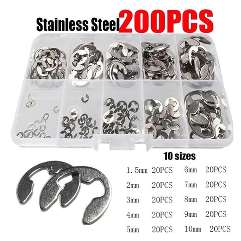 120/200/550pcs 1.5/2/3/4/5/6/7/8/9/10mm E-Clips Ring Snap Retaining Circlip Kit Stainless Steel Carbon Steel E Type Clips(200x Stainless Steel) in Saudi Arabia