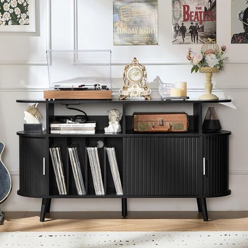 حامل مشغل تسجيل مستدير كبير من LELELINKY مع محطة شحن ولوحة مخددة، وخزانة قابلة للدوران لمنزل المزرعة السوداء مع مساحة تخزين فينيل عتيقة، وطاولة مشغل تسجيل خشبية مقوسة لغرفة المعيشة in Kuwait