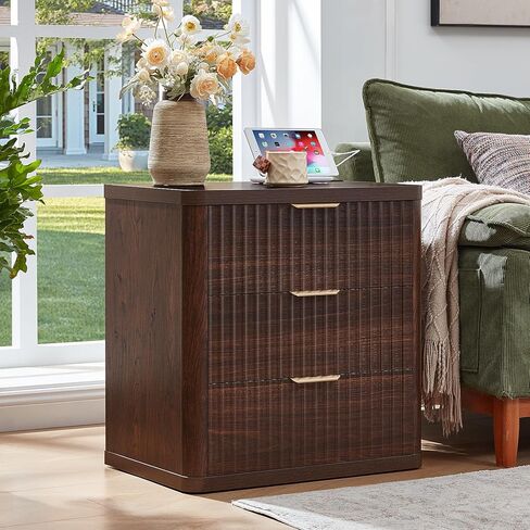 LEYAOYAO Fluted Farmhouse Nightstand Set of 2 with Charging Station, 23" Wide 3 Drawers Night Stand,Walnut Dresser for Bedroom,Bed Side Table Chest of Drawers,Wood End Table for Living Room in Kuwait
