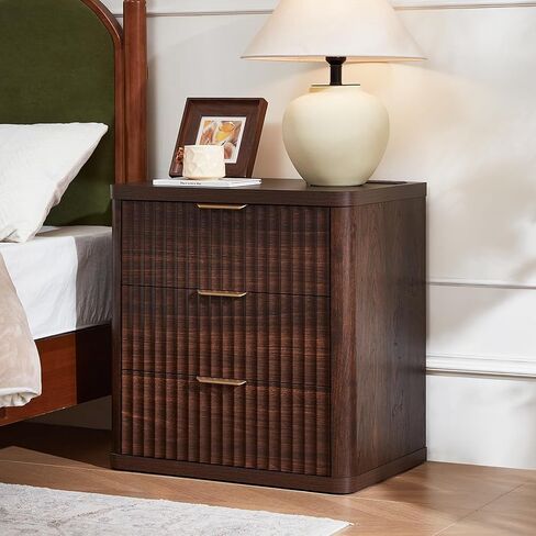 LEYAOYAO Fluted Farmhouse Nightstand Set of 2 with Charging Station, 23" Wide 3 Drawers Night Stand,Walnut Dresser for Bedroom,Bed Side Table Chest of Drawers,Wood End Table for Living Room in Kuwait
