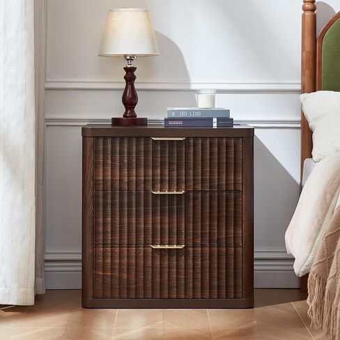 LEYAOYAO Fluted Farmhouse Nightstand Set of 2 with Charging Station, 23" Wide 3 Drawers Night Stand,Walnut Dresser for Bedroom,Bed Side Table Chest of Drawers,Wood End Table for Living Room in Kuwait