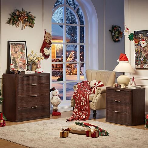 LEYAOYAO Fluted Farmhouse Nightstand Set of 2 with Charging Station, 23" Wide 3 Drawers Night Stand,Walnut Dresser for Bedroom,Bed Side Table Chest of Drawers,Wood End Table for Living Room in Kuwait