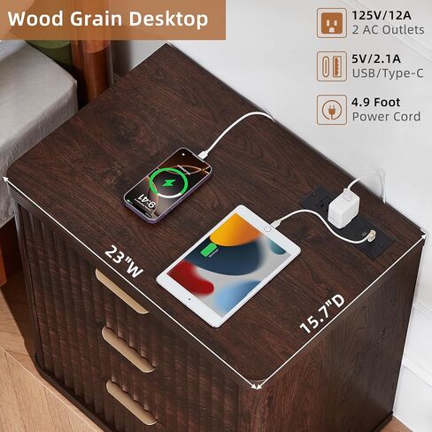 LEYAOYAO Fluted Farmhouse Nightstand Set of 2 with Charging Station, 23" Wide 3 Drawers Night Stand,Walnut Dresser for Bedroom,Bed Side Table Chest of Drawers,Wood End Table for Living Room in Kuwait