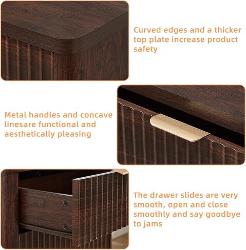 LEYAOYAO Fluted Farmhouse Nightstand Set of 2 with Charging Station, 23" Wide 3 Drawers Night Stand,Walnut Dresser for Bedroom,Bed Side Table Chest of Drawers,Wood End Table for Living Room in Kuwait