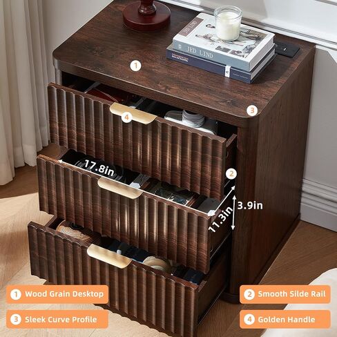 LEYAOYAO Fluted Farmhouse Nightstand Set of 2 with Charging Station, 23" Wide 3 Drawers Night Stand,Walnut Dresser for Bedroom,Bed Side Table Chest of Drawers,Wood End Table for Living Room in Kuwait