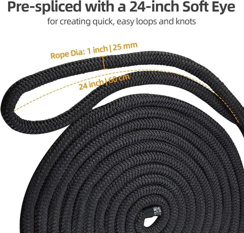 NovelBee 1" x 30' Dock Line 2 Pack,Double Braid Nylon Boat Dock Line with 24" Eyelet,Heavy Duty Mooring Marine Rope,Black Boat Rope and Ties for Docking in Saudi Arabia
