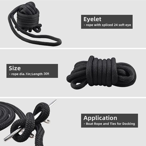 NovelBee 1" x 30' Dock Line 2 Pack,Double Braid Nylon Boat Dock Line with 24" Eyelet,Heavy Duty Mooring Marine Rope,Black Boat Rope and Ties for Docking in Saudi Arabia