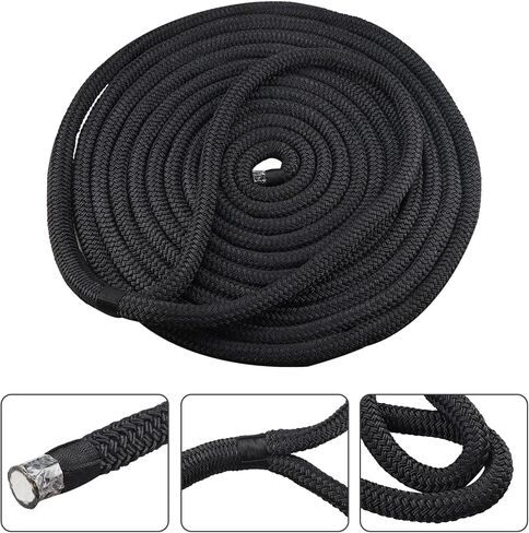 NovelBee 1" x 30' Dock Line 2 Pack,Double Braid Nylon Boat Dock Line with 24" Eyelet,Heavy Duty Mooring Marine Rope,Black Boat Rope and Ties for Docking in Saudi Arabia