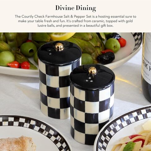 MACKENZIE-CHILDS Farmhouse Salt and Pepper Shaker Set, Ceramic Salt and Pepper Holders, Black-and-White Courtly Check in Saudi Arabia