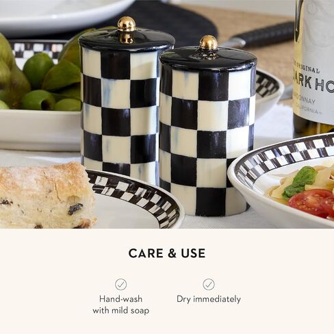MACKENZIE-CHILDS Farmhouse Salt and Pepper Shaker Set, Ceramic Salt and Pepper Holders, Black-and-White Courtly Check in Saudi Arabia