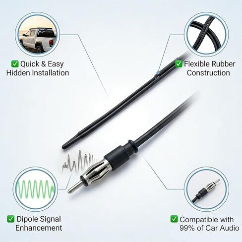 STUDIOFINIX 1.3M Marine Radio Antenna, Waterproof Dipole Hideaway FM Antenna No Drilling Easy Install for Car Boat ATV UTV, Black in Kuwait