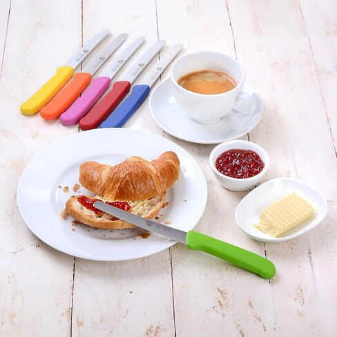 سكين طاولة GRÄWE 6 قطع، طقم سكاكين للتقطيع، عبوة من 6 سكاكين خبز، سكين إفطار بحافة مسننة على جانب واحد، سكين 8.3 بوصة - ملون in Kuwait