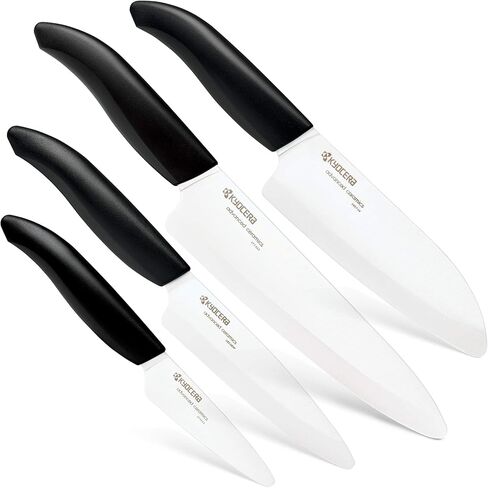Kyocera’s Revolution 4-Piece Ceramic Knife Set: Ceramic Chef Knife For Your Cooking Needs, 7" Chef's Santoku, 5.5" Santoku, 4.5" Utility & 3" Paring Knives, Black/White in Saudi Arabia