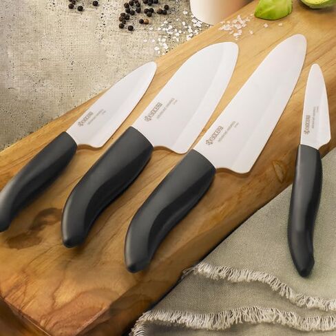 Kyocera’s Revolution 4-Piece Ceramic Knife Set: Ceramic Chef Knife For Your Cooking Needs, 7" Chef's Santoku, 5.5" Santoku, 4.5" Utility & 3" Paring Knives, Black/White in Saudi Arabia