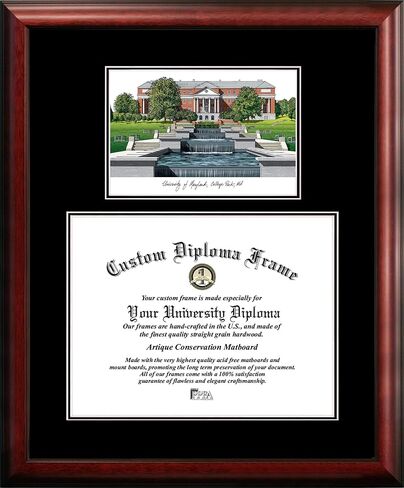 Campus Images University of Maryland – Double Diploma Frame, 8.5 x 12 OVER 13 x 17, Satin Mahogany with Landmark Lithograph in Saudi Arabia