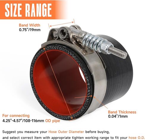 مشابك خرطوم T-Bolt، نطاق عمل قابل للتعديل 4.25 بوصة - 4.57 بوصة (108-116 مم)، مشابك خرطوم من الفولاذ المقاوم للصدأ مع زنبرك معزز للسيارات، وأنابيب توربو، وأنابيب المبرد الداخلي (عبوتان) in Kuwait