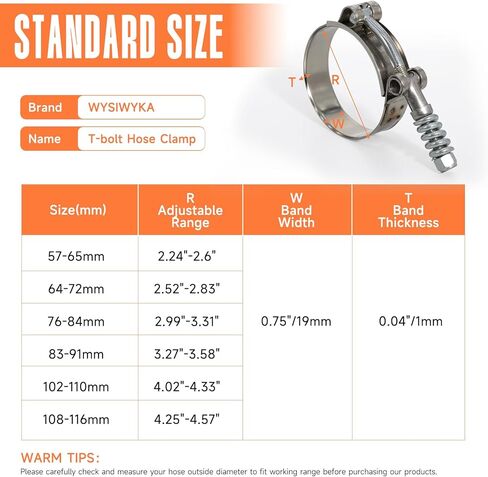 مشابك خرطوم T-Bolt، نطاق عمل قابل للتعديل 4.25 بوصة - 4.57 بوصة (108-116 مم)، مشابك خرطوم من الفولاذ المقاوم للصدأ مع زنبرك معزز للسيارات، وأنابيب توربو، وأنابيب المبرد الداخلي (عبوتان) in Kuwait