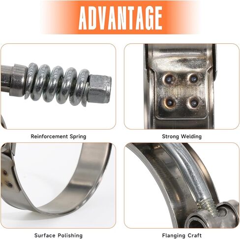 مشابك خرطوم T-Bolt، نطاق عمل قابل للتعديل 4.25 بوصة - 4.57 بوصة (108-116 مم)، مشابك خرطوم من الفولاذ المقاوم للصدأ مع زنبرك معزز للسيارات، وأنابيب توربو، وأنابيب المبرد الداخلي (عبوتان) in Kuwait