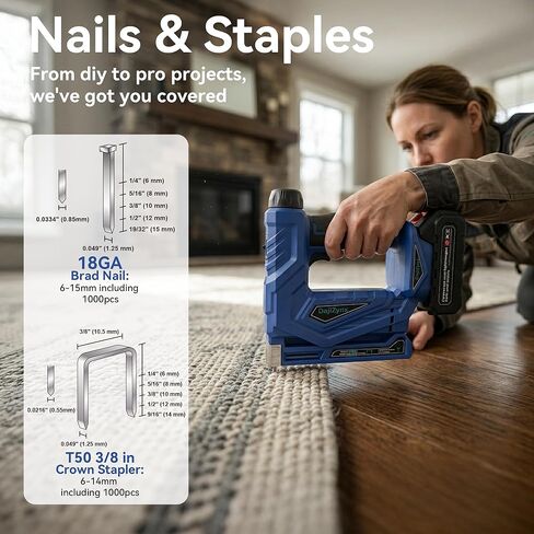 مسدس تدبيس كهربائي، جهاز تثبيت المسامير اللاسلكي مقاس 3/8 بوصة، مسدس مسامير بدون فرش 2 في 1/مسدس تدبيس مع 1000 مسمار و1000 دبوس (T50、J10)، جهاز تثبيت المسامير اللاسلكي في وضعين - إطلاق فردي وإطلاق تلامسي in Kuwait