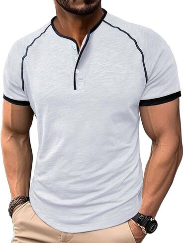Mens Henley Shirts Raglan Short Sleeve Baseball Tees Casual Slim Fit T-Shirts Summer Classic Color Block Workout Top in Saudi Arabia