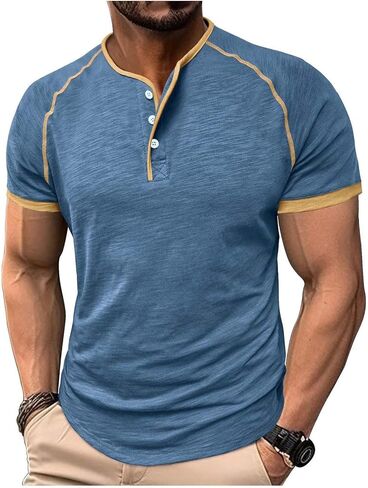 Mens Henley Shirts Raglan Short Sleeve Baseball Tees Casual Slim Fit T-Shirts Summer Classic Color Block Workout Top in Saudi Arabia
