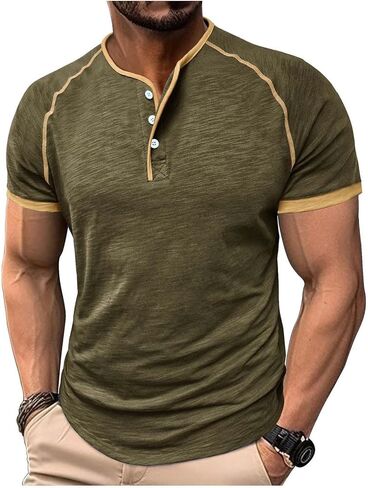 Mens Henley Shirts Raglan Short Sleeve Baseball Tees Casual Slim Fit T-Shirts Summer Classic Color Block Workout Top in Saudi Arabia