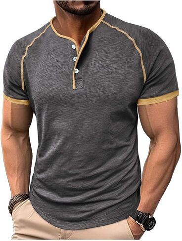Mens Henley Shirts Raglan Short Sleeve Baseball Tees Casual Slim Fit T-Shirts Summer Classic Color Block Workout Top in Saudi Arabia