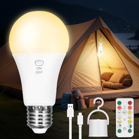 2 Pack Rechargeable Light Bulbs, Battery Operated Light Bulbs with Remote, Keep Lighting During Power Outage, 2600mAh A19 Emergency Wireless Battery Light Bulb with 3 Colors, Dimmable, Timer for Home in Saudi Arabia