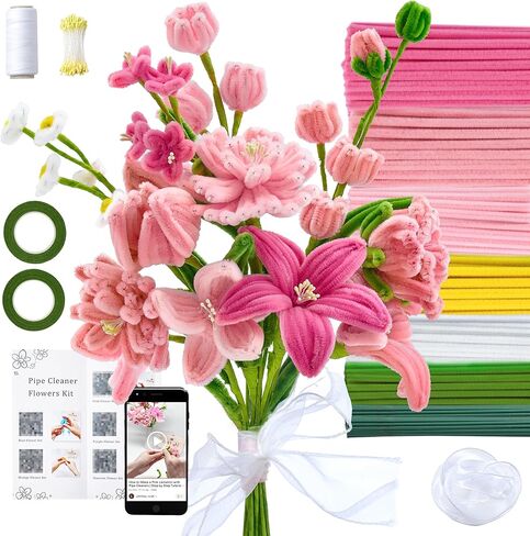 LENYNAL 500 Pcs Pipe Cleaners Craft Bulk, Pink Pipe Cleaner Flower Kit, Glue-Free & Safe for Kids, Step-by-Step Tutorial, 6 Colors Chenille Stems for Flower Making in Kuwait