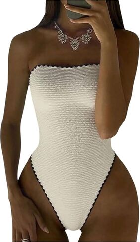 SweatyRocks Women's Contrast Binding Tube One Piece Swimsuit Strapless High Cut Textured Bathing Suit in Saudi Arabia