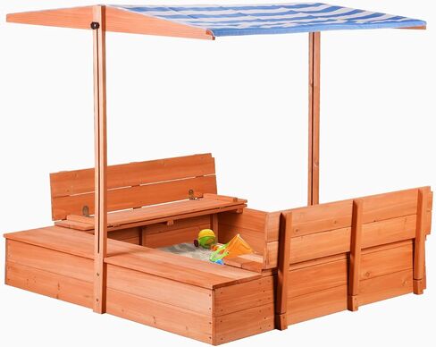 Kids Wooden Outdoor Sandbox with Cover，Sand Boxes with Canopy and Foldable Storage Bench Seats, Sand Table with Protection Bottom Liner,Kids Play Equipment for Outdoor(47X47Inch Brown) in Kuwait