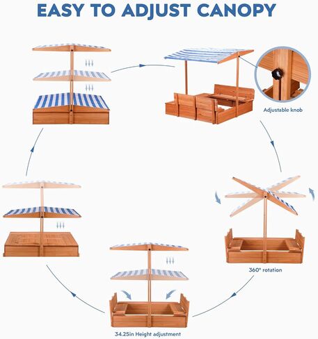 Kids Wooden Outdoor Sandbox with Cover，Sand Boxes with Canopy and Foldable Storage Bench Seats, Sand Table with Protection Bottom Liner,Kids Play Equipment for Outdoor(47X47Inch Brown) in Kuwait