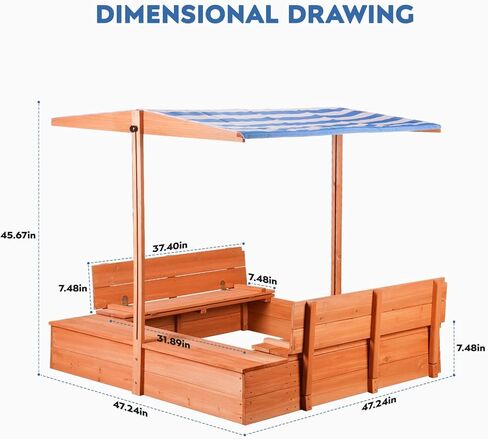 Kids Wooden Outdoor Sandbox with Cover，Sand Boxes with Canopy and Foldable Storage Bench Seats, Sand Table with Protection Bottom Liner,Kids Play Equipment for Outdoor(47X47Inch Brown) in Kuwait